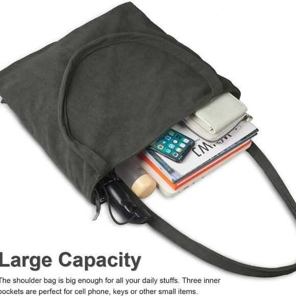 Corduroy Tote Bag Large Capacity Women’s Shoulder Shopping Handbag - Picture 4 of 7